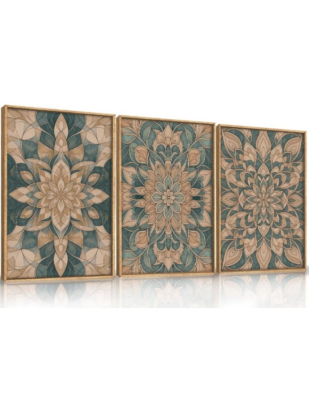 Boho Mandala Canvas Wall Art Set of 3, Vintage Green Floral Decor for Home